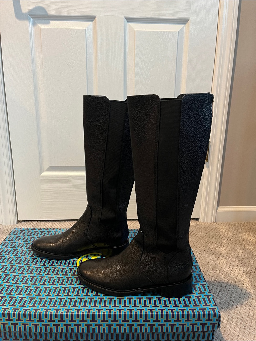 Tory Burch Black Pebbled Leather Tall Boots - Picture 2 of 10